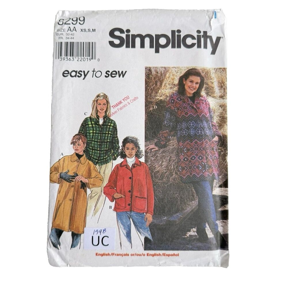 VTG SIMPLICITY FLEECE SEWING PATTERN 8299 LADIES FLEECE JACKET 4 STYLES XS-M